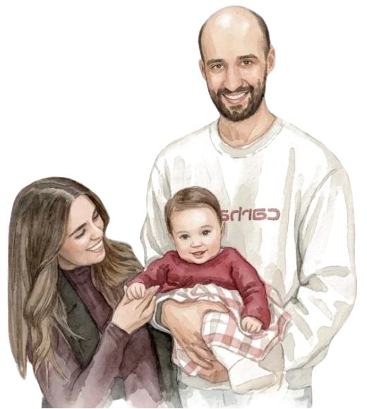 Ilustração em aguarela de Inês, Gonçalo e Margarida, do convite